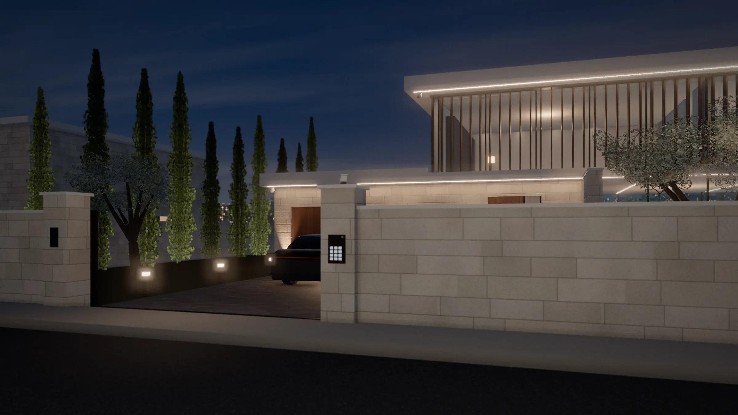 Entrance of a modern villa with a video door station and access reader beside the door